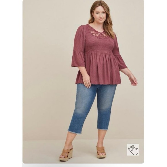 torrid Tops - Torrid Babydoll Top Clip Dot Gauze with Crochet Detail 3X